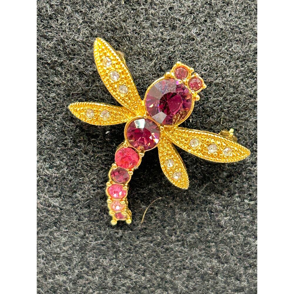 Vintage Lavender & Pink Rhinestone Dragonfly Pin - Gold Tone - 1.5"